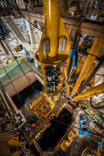 An observatory is lowered from the research vessel Chikyu. 
