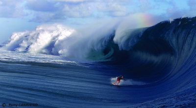 Surfer rides waves off Teahupo’o, Tahiti (Photo: REMY CANAVESIO, CRIOBE)