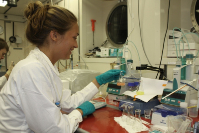 Frederike Wilckens führt erste Messungen (Titration) der Proben durch. Foto: C. Kleint, Jacobs University