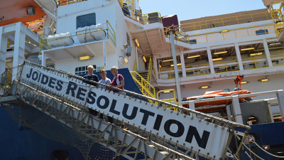 The cruise is led by Ursula Röhl of MARUM (left) and Debbie Thomas of Texas A&M University (right). They are supported by the Expedition Project Manager Laurel Childress. Photo: SIEM offshore