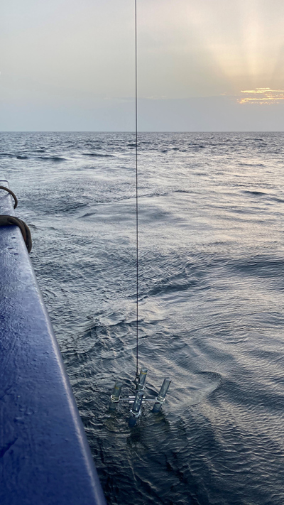 Jeden Morgen kurz nach dem Sonnenaufgang spüren wir unsere Treibfalle auf und holen sie aus dem Wasser. Hier tauchen die ersten vier Röhren auf. 