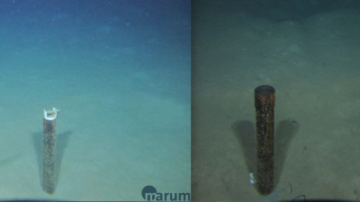 MARUM ROV SQUID zeigt mit seinen HD Kameras das MeBo-Observatorium vor (links) und das Bohrloch nach (rechts) der Bergung am Meeresboden in der Alboran See. Foto: MARUM − Zentrum für Marine Umweltwissenschaften, Universität Bremen