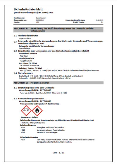 Muster eines Sicherheitsdatenblattes