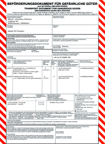 Muster eines Packzertifikates (IMO-Erklärung)