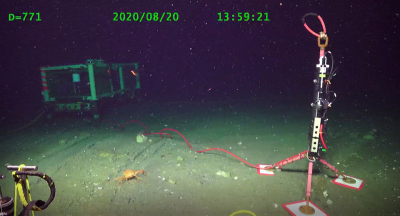 The MARUM-CTD (foreground), was deployed on the seafloor last year and connected to the box-like multi-plug box (background) of the OOI observatory. Photo: OOI/WHOI/NSF