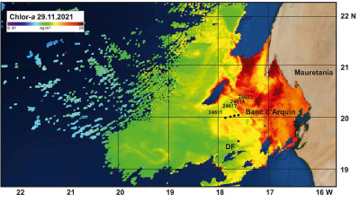 Satellitenbild der Phytoplanktonproduktion. Die Punkte stellen die Orte dar, an denen wir Proben nehmen (Karte erstellt von Karin Zonneveld, Satellitenbild "State of the Ocean, NASA)