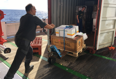 Götz und Marco beim Packen des letzten Containers.