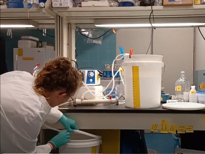 Bianca in the laboratory, concentrating water from the incubations.