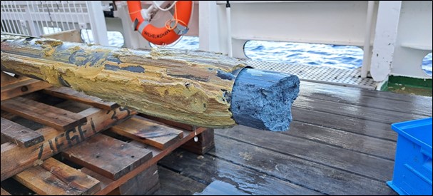 Blauer Serpentinitschlamm von einem neu entdeckten Schlammvulkan im Schwerelot.