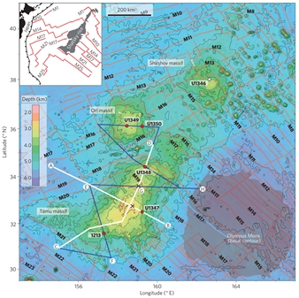 Bathymetrische Karte des Shatsky-Rückens und tektonische Karte mit der SO292/2-Schiffsroute oben (Sager et al., 2013). Der graue Bereich (unten rechts) zeigt den Umriss des Olympus Mons (Mars) im gleichen Maßstab
