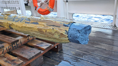 Blauer Serpentinit-Schlamm, der aus einem Schwerelot-Kernrohr austritt. Foto: Walter Menapace