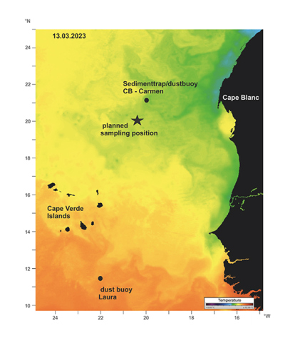 Satellitenbild der Meeresoberflächentemperaturen im Forschungsgebiet. Der Stern stellt den geplanten Probenahmeort dar (Bild mit freundlicher Genehmigung der NASA State of the Ocean: https://soto.podaac.earthdatacloud.nasa.gov)