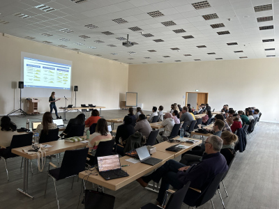conference room with participants sitting in rows and someone giving an oral presentation