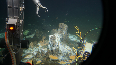 Im Scheinwerferlicht des US-amerikanischen Tiefseetauchboots ALVIN ist ein kleines rotbraunes Massiv am Boden des Guaymas-Beckens zu erkennen. Diese Formation ist umgeben von reichlich hydrothermalen Sedimenten, die von weißen und orangen Bakterien-Matten bedeckt sind. Durch das Team des bemannten Tiefseetauchboots wurde hier der Kern genommen, aus denen die Archaeen Candidatus Alkanophaga letztlich stammen. Foto: Woods Hole Oceanographic Institution