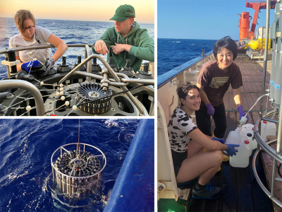 Oben links: Eva Meckel und Ignacio Pedre bereiten die CTD mit Kranzwasserschöpfer auf den Einsatz vor. Unten links: Die CTD wird über eine Winde am Kabel ins Wasser gelassen. Rechts: Erika Kurahashi und Julia Oliva füllen über ein Filtersystem Wasser aus den Schöpfern in ihre Probenflaschen. Fotos: Erika Kurahashi