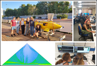 links oben: Team Aphrodite vor dem AUV (von links nach rechts: Areti Belka, Danai Lampridou, Konstantina Bejelou, Effrosini Varotsou, Paraskevi (Evi) Nomikou, Sotiria  Kothri); oben rechts: Team Aphrodite bei der Arbeit in der Lotzentrale, unten links: Hydrothermales Signal in der Wassersäule aufgenommen mit dem Fächerecholot; unten rechts: Konstantina und Effrosini (Froso) bei der Arbeit an den Daten. Foto: Paraskevi Nomikou