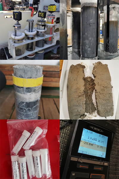 Beprobung von Sediment und Porenwasser aus den Kernen, die mit dem ROV und mit Multicorer gewonnen wurden. Foto: Jianlin Liao