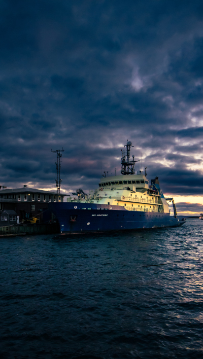 RV Niel Armstrong docked at Woods Hole Harbor