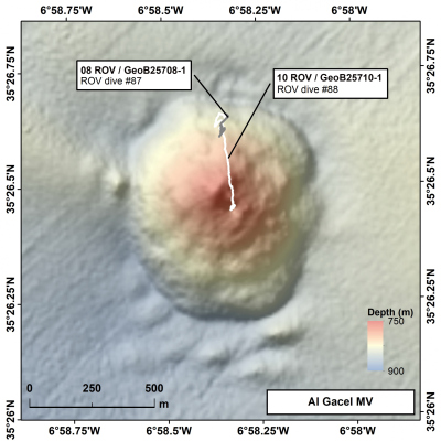 Bathymetric map of Al Gacel MV with the tracks of dives with ROV MARUM SQUID. GeoB – Internal station/sample code.
