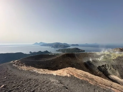 Island Vulcano, from Fossa crater looking to Lipari, with Panarea and Strimboli on the horizon.