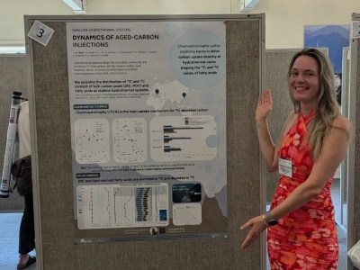 Joely next to her poster