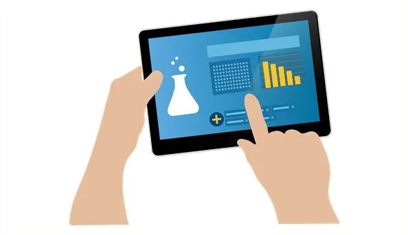 two hands holding an iPad with scientific symbols on it