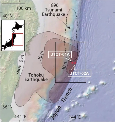 An zwei Stellen wird auf der IODP Expedition 405 in die Tiefe des Ozeanbodens gebohrt. Grafik: Chester et al. 2013