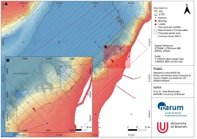 Das Arbeitsgebiet der Fahrt befindet sich am Kontinentalhang und auf dem Schelf vor der Westküste Irlands. Grafik: MARUM – Zentrum für Marine Umweltwissenschaften, Universität Bremen, E. Miramontes