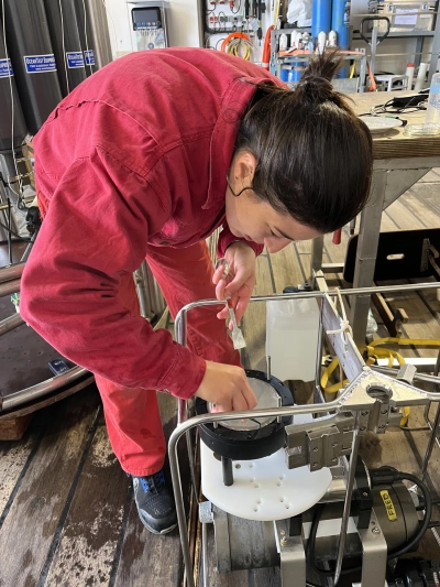 Abbildung zeigt Elda Miramontes García löst den Filter von der In-situ-Pumpe. 