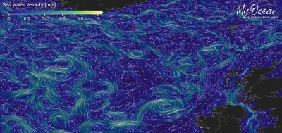 Karte mit der Strömungsgeschwindigkeit des Meerwassers. Video/Bild: Copernicus Marine Service.