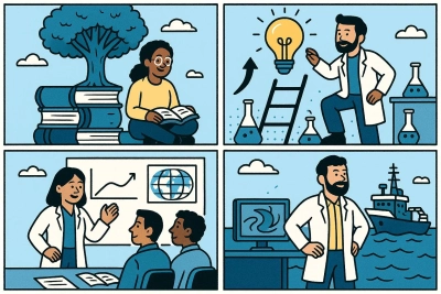 a scientist reading, in the lab, giing a presentation and in front of a research vessel