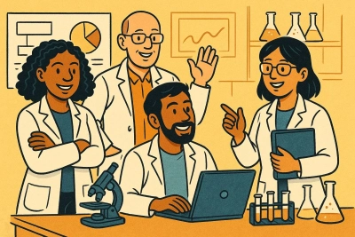 four scientists in a lab