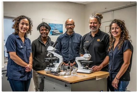 a group of scientists gathered around a table with microscopes