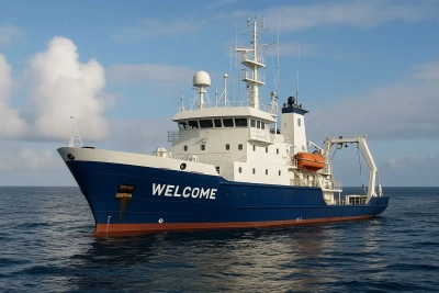 research vessel with the inscription "Welcome"