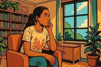 a woman sitting in a chair looking out of the window and thinking