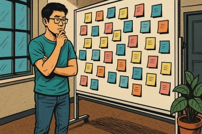 man standing in front of a pinboard with sticky notes
