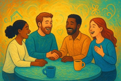 Four people sitting around a table drinking coffee and laughing