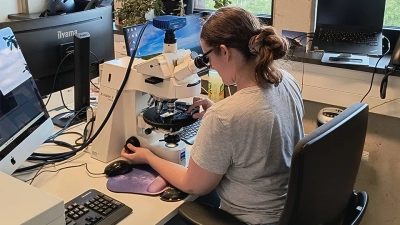 Dr. Heather L. Jones untersucht kleine Planktonfossilien mit einem Lichtmikroskop. Foto: MARUM – Zentrum für Marine Umweltwissenschaften, Universität Bremen; M. Toyos Simón.