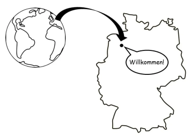 Globus mit Pfeil, der auf Bremen zeigt, auf einer Karte von Deutschland