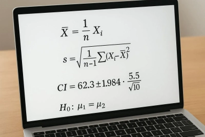 Laptop screen showing statistical formulas