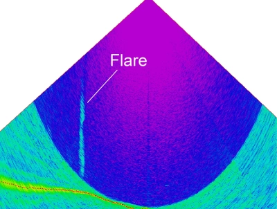 Abbildung zeigt Flare im Schiffskegel der Wassersäule markiert eine Gasaustrittsstelle am Meeresboden. 