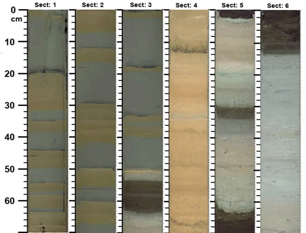 So bunt die Farben sind, so unterschiedlich sind die Ablagerungen des Sedimentkernes.