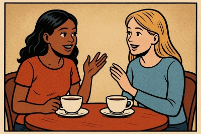 Two women sitting at a table talking and drinking tea