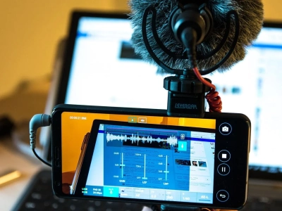 a smartphone with a microphone mounted on it; a laptop screen in the background