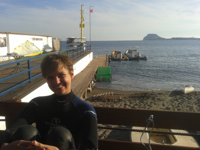 After diving to underwater fumaroles with tuff cone in background