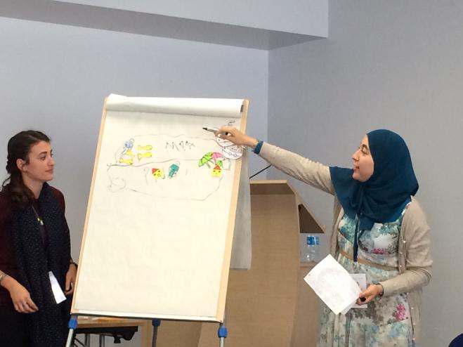 Two North African participants presenting their research on participatory modeling in a nature park located along the Algerian coast during the young researchers workshop